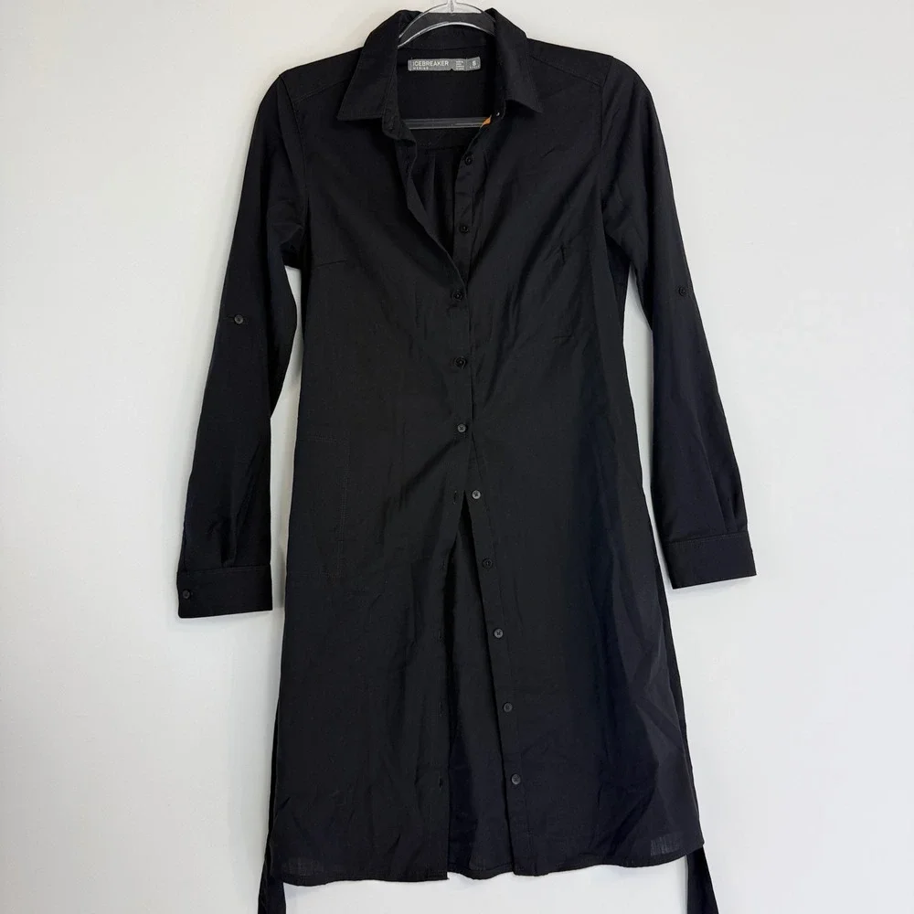 Icebreaker Destiny Shirt Dress Womens S Black Merino Wool Blend Roll Tab Belted